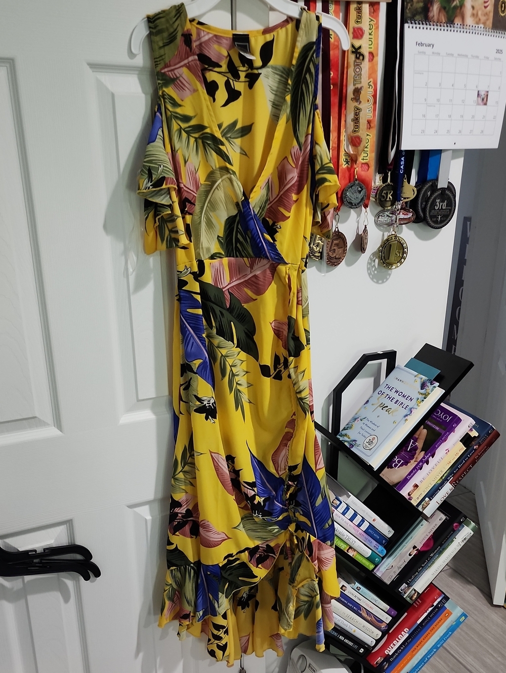 Yellow Tropical Floral Cold-Shoulder Midi Dress